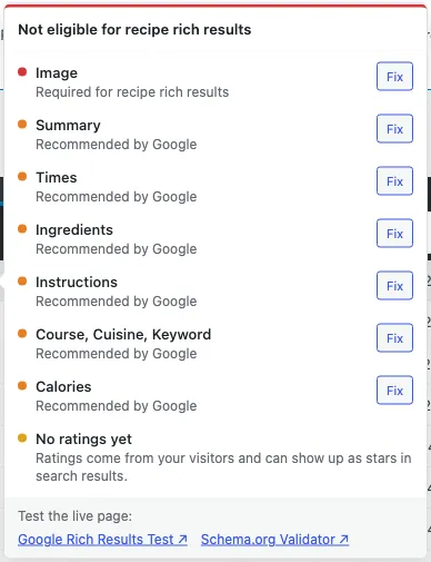 The WP Recipe Maker SEO checker listing required and recommended issues, Fix buttons, ratings information and links to test the live page.