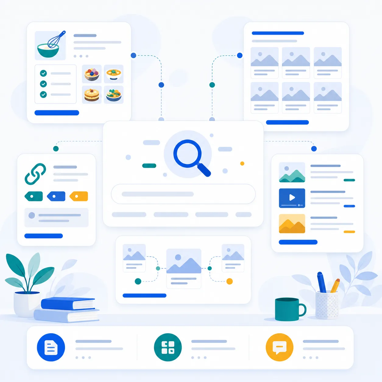 Illustration of a knowledge base search hub surrounded by plugin documentation cards