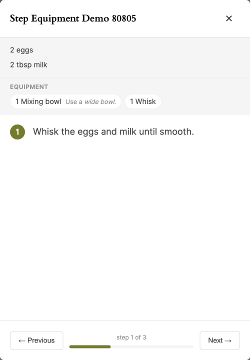 Cook Mode step 1 showing a mixing bowl with the note Use a wide bowl and a whisk above the instruction text.