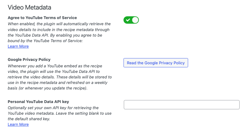Video Metadata settings with Agree to YouTube Terms of Service enabled and the Personal YouTube Data API key field empty.