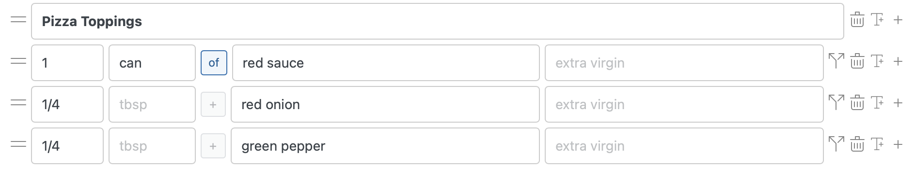 Ingredient fields with connector controls in the recipe modal